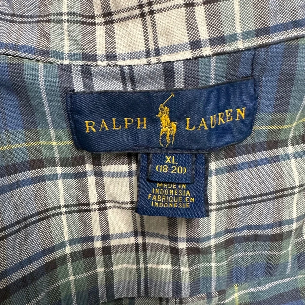 Ralph Lauren Boys XL 18-20 Blue Green Plaid Long Sleeve Button Down Shirt Pony